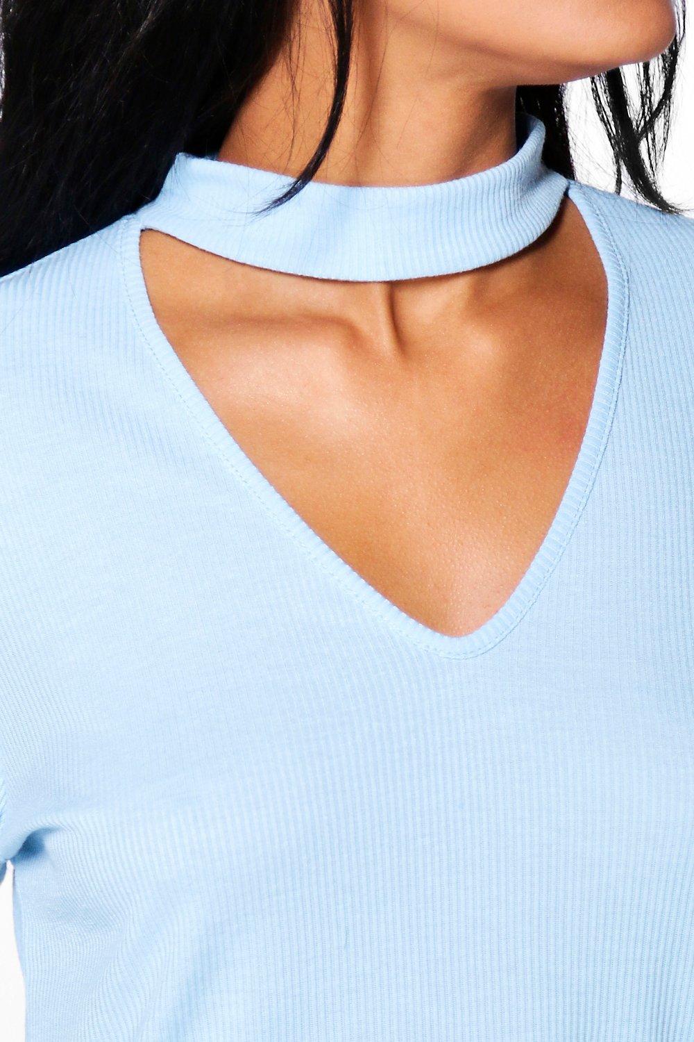 alisha pullover in maglia a coste con choker e maniche a volant