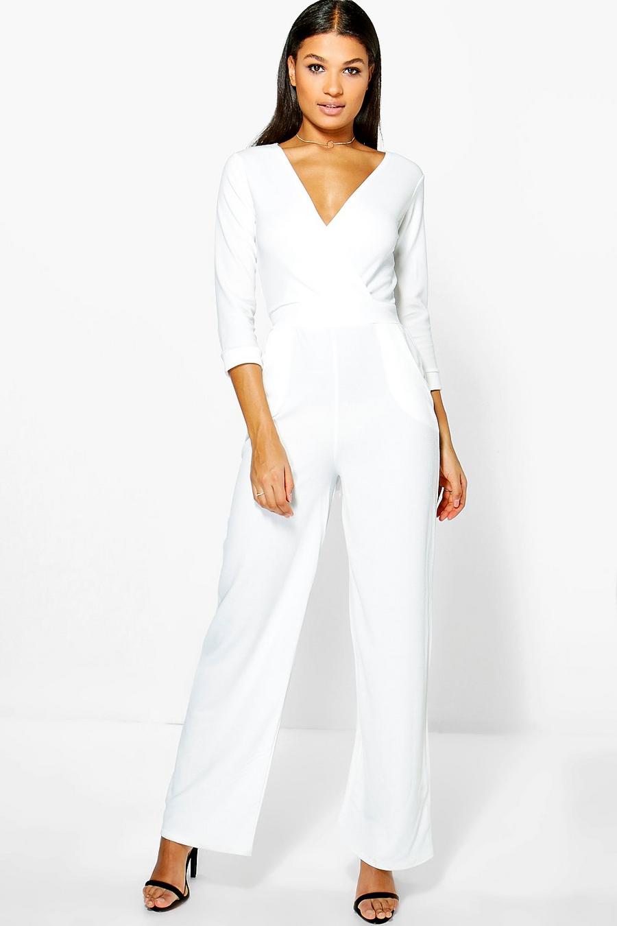 Ivory Roll Sleeve Relaxed Wide Leg Jumpsuit image number 1