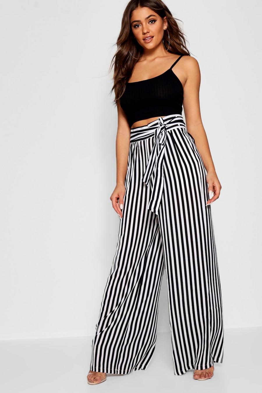 Tie Waist Striped Wide Leg Trousers, Black image number 1