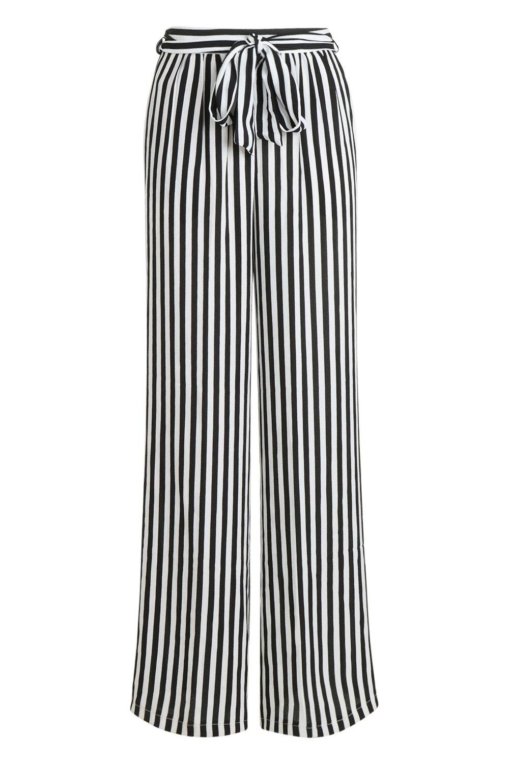 Tie Waist Striped Wide Leg Trousers