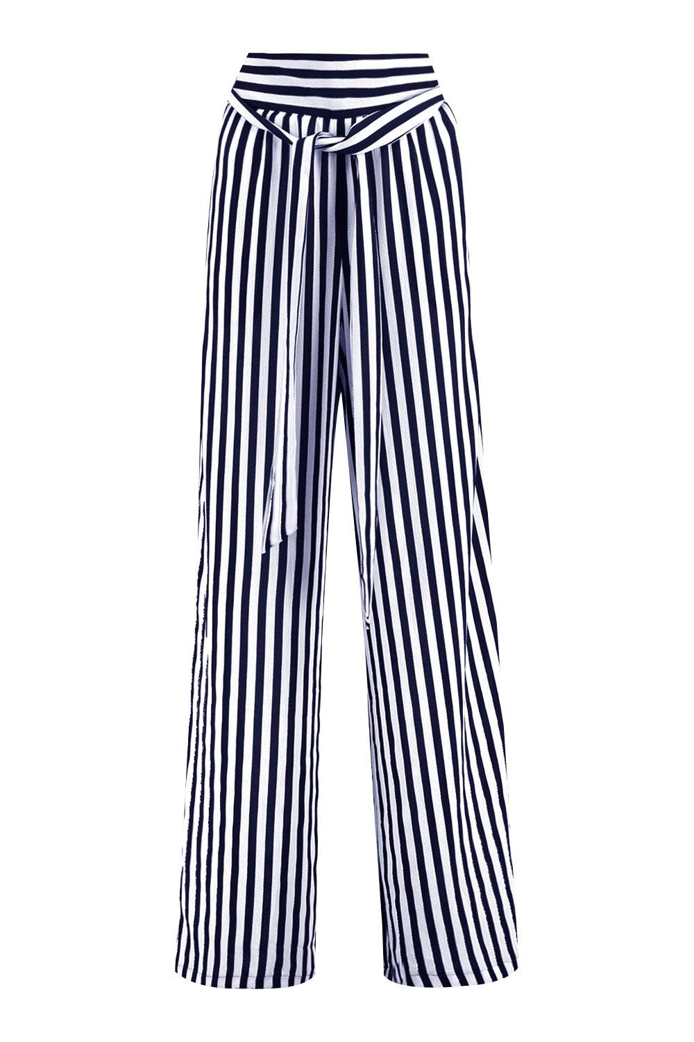 Navy and white striped wide leg trousers sale