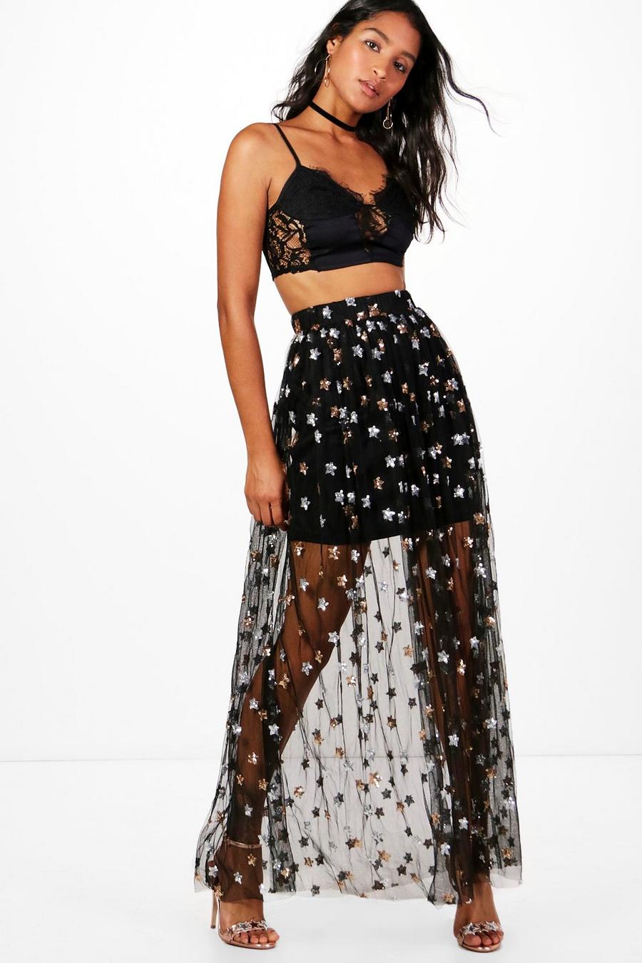 Black Blaire Sequin Star Mesh Overlay Maxi Skirt image number 1