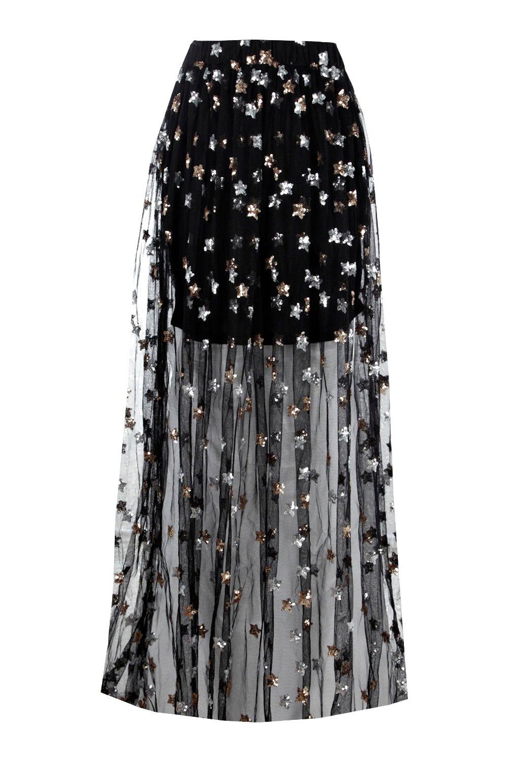 Blaire Sequin Star Mesh Overlay Maxi Skirt boohoo