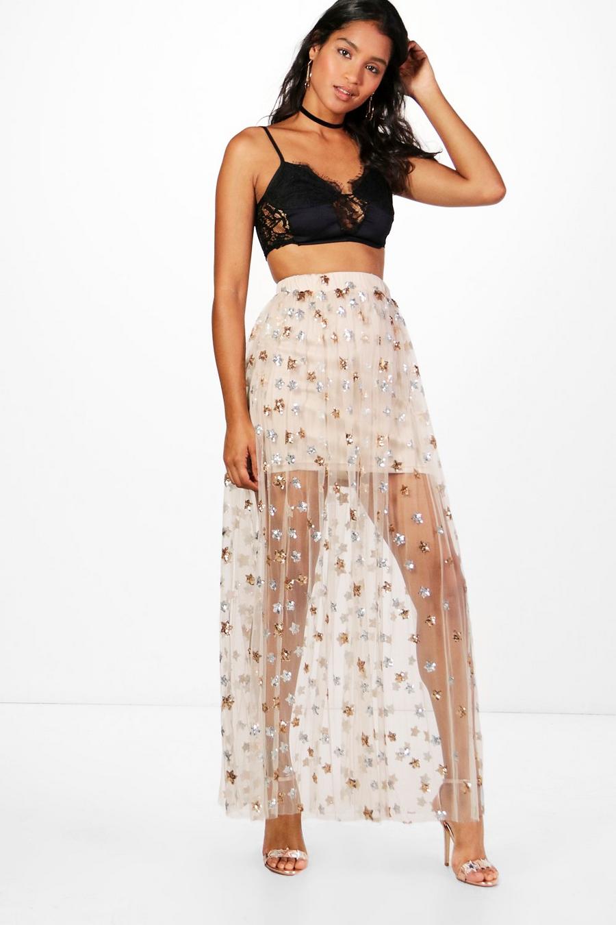 Nude Blaire Sequin Star Mesh Overlay Maxi Skirt image number 1