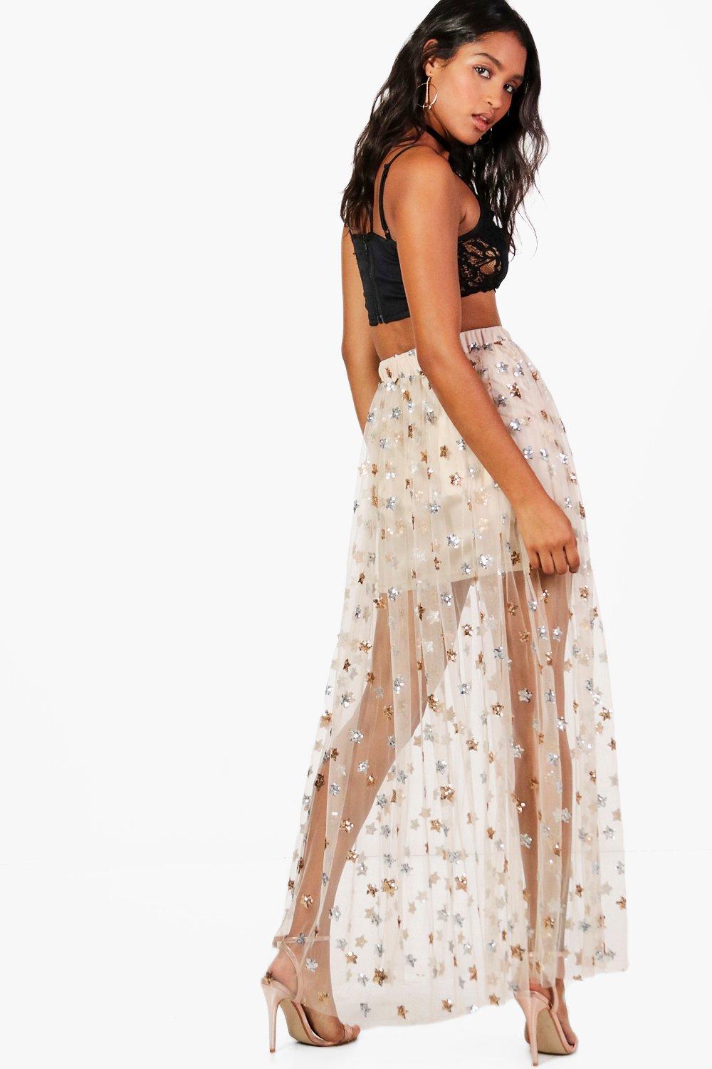 Blaire Sequin Star Mesh Overlay Maxi Skirt