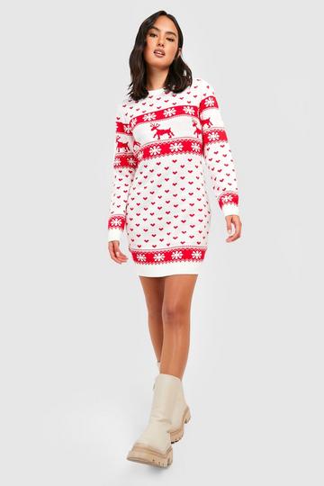Reindeers And Snowflake Christmas Sweater Dress cream