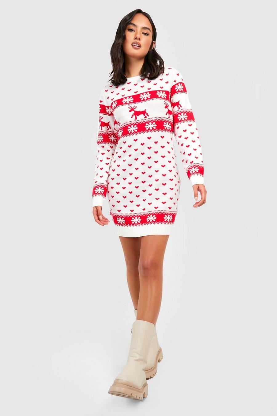 Weihnachts-Pulloverkleid mit Rentier und Schneeflocken, Creme image number 1