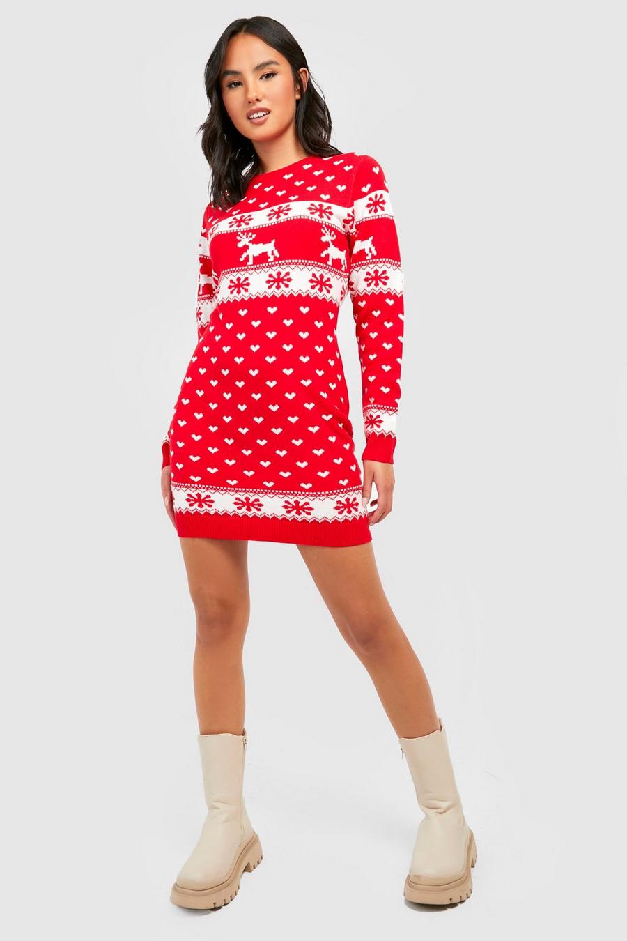 Vestido jersey navideño con renos y copos de nieve, Red