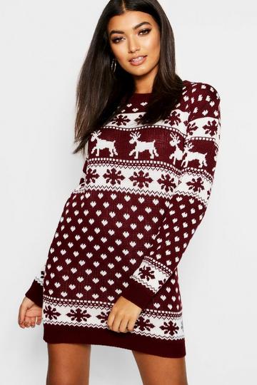 Reindeers And Snowflake Christmas Sweater Dress wine