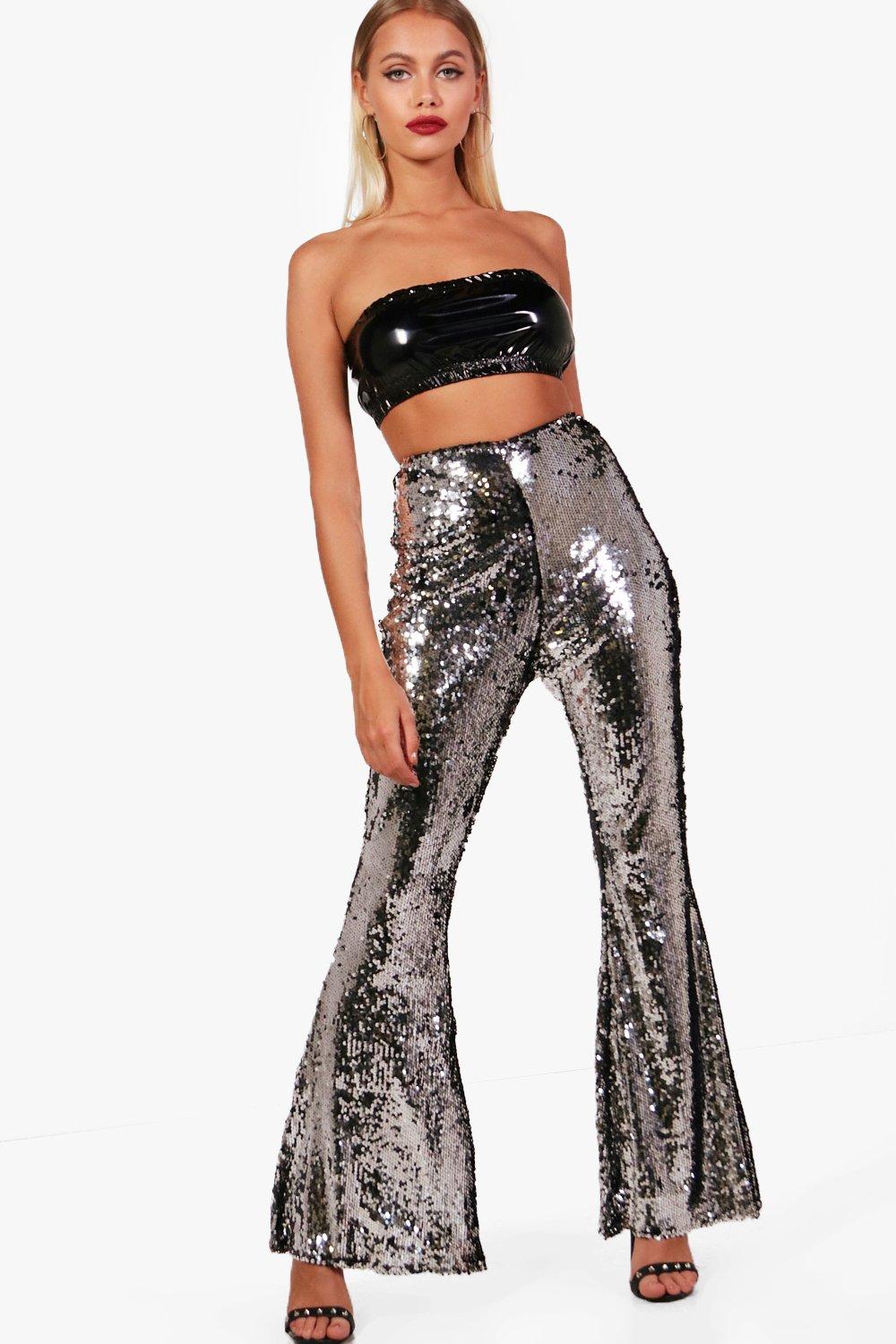 silver sequin flared trousers