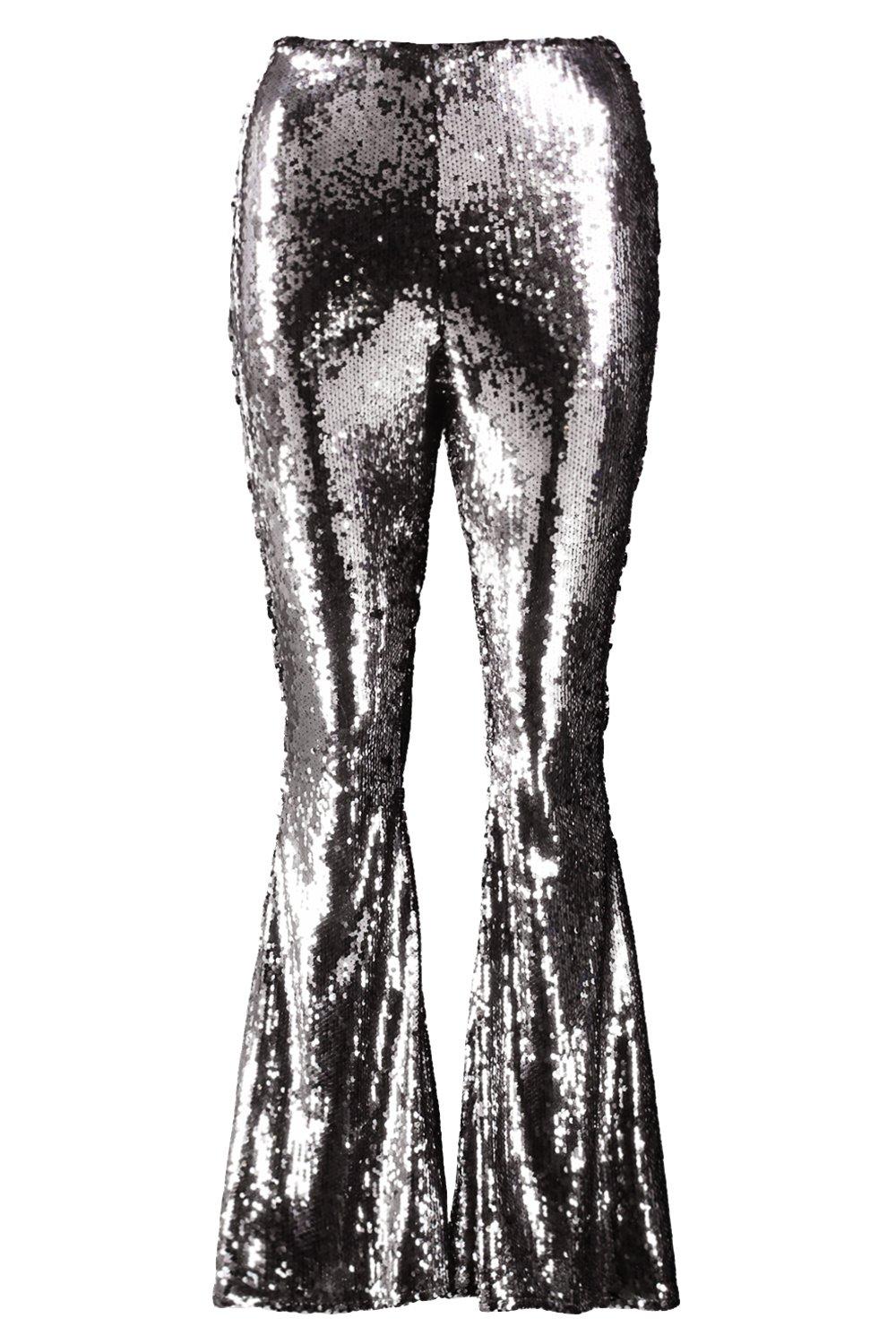 silver sequin flared trousers
