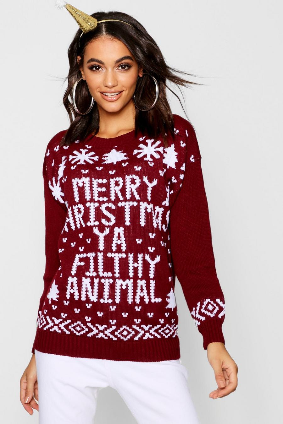 Wine red Merry Christmas Ya Filthy Animal Jumper image number 1