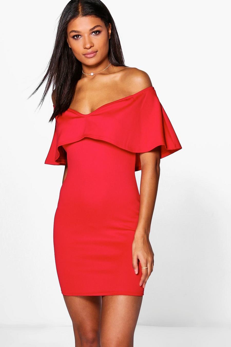 Red Kya Off Shoulder Sweetheart Frill Bodycon Dress image number 1