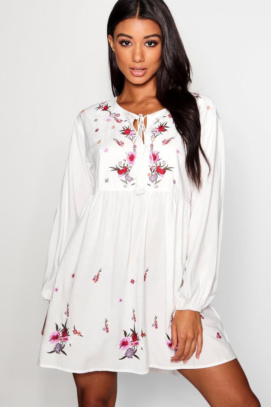White Embroidered Smock Dress image number 1