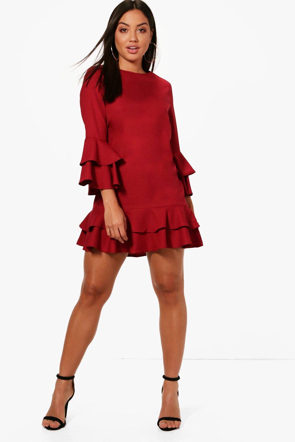 boohoo red ruffle dress