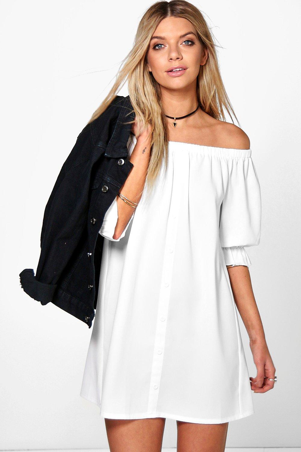 white off the shoulder button down dress