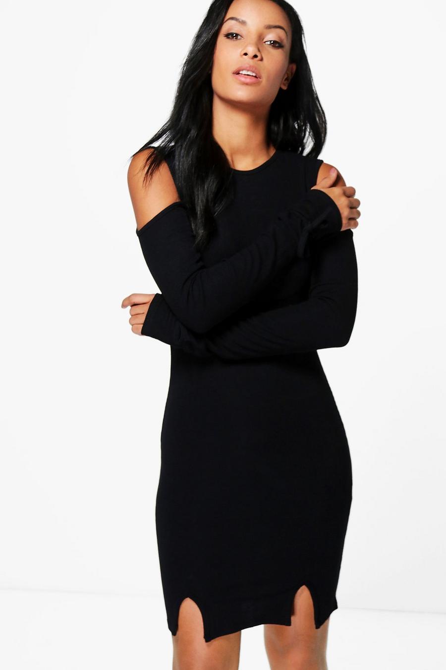 Black Anna Tie Sleeve Ribbed Bodycon Dress image number 1