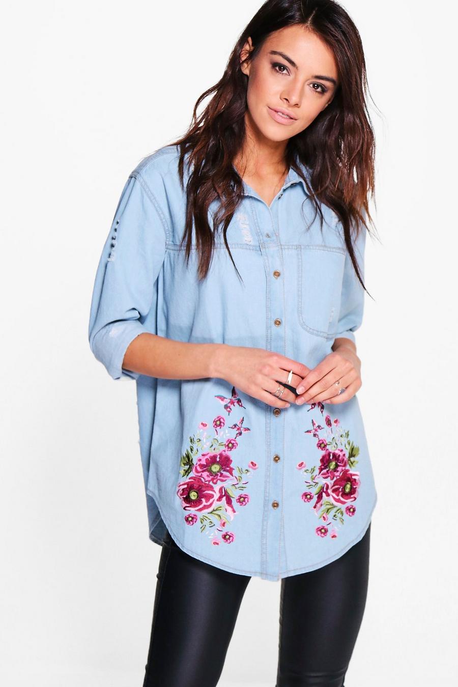Ellie Oversized Distressed Embroidered Denim Shirt image number 1