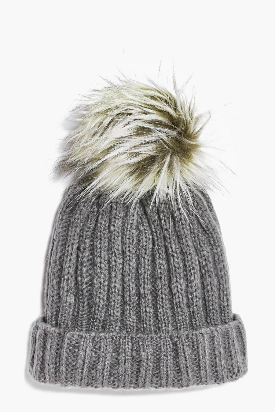 Eva Grey Cable Faux Fur Pom Beanie image number 1