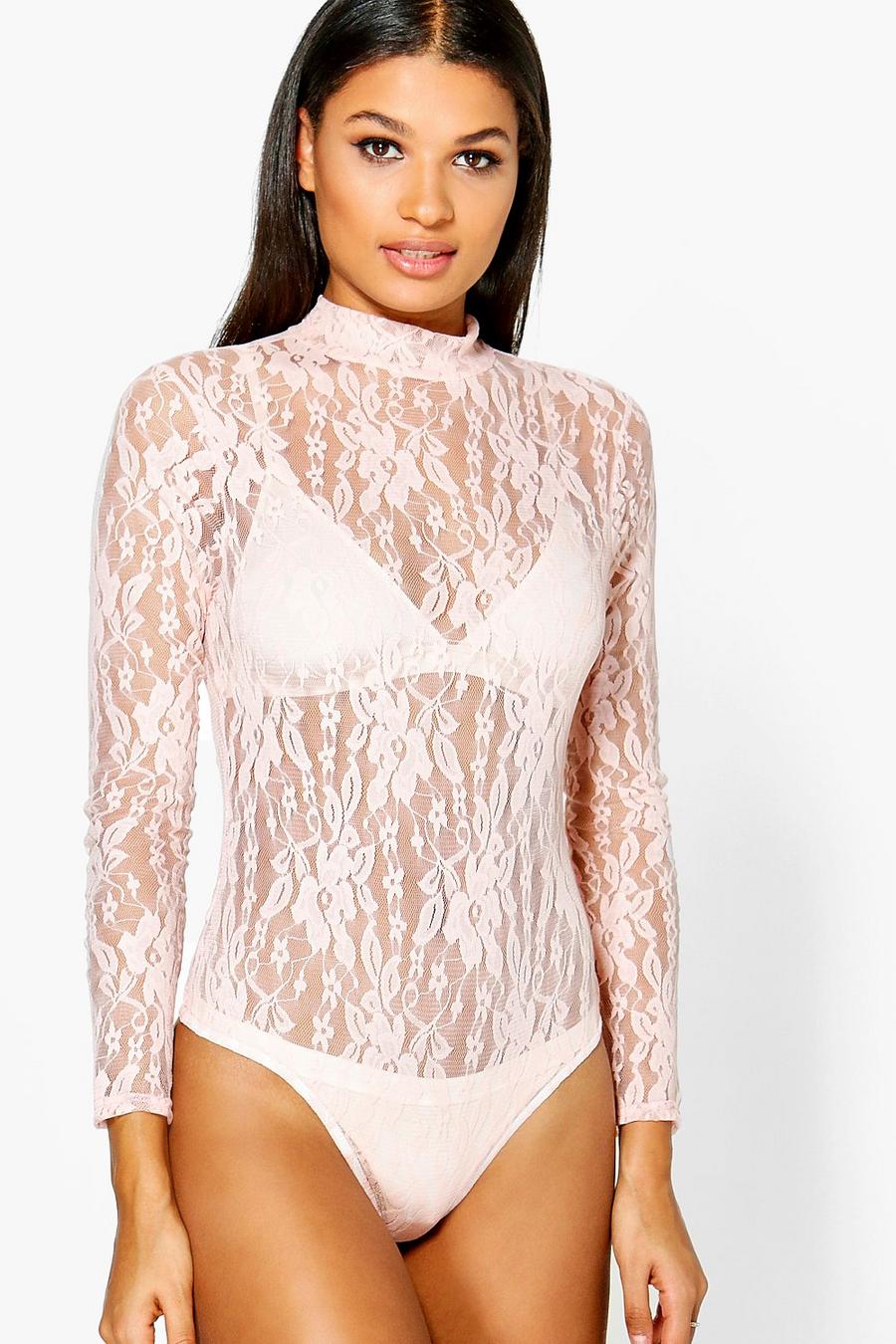 Pink rosa Wendy High Neck Lace Long Sleeve Bodysuit image number 1