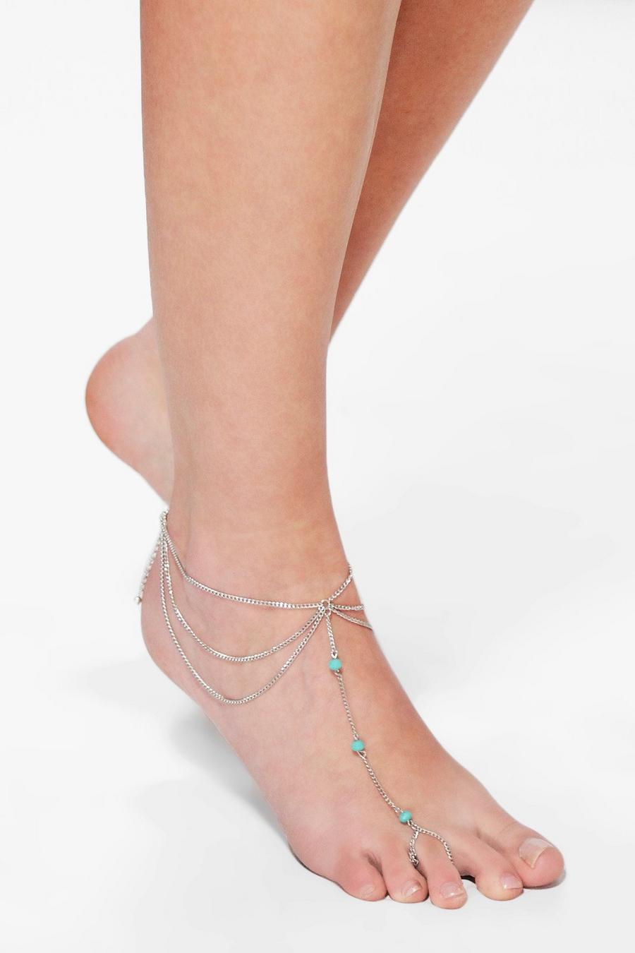 Silver Kate Turquoise Stone Chain Foot Anklet image number 1