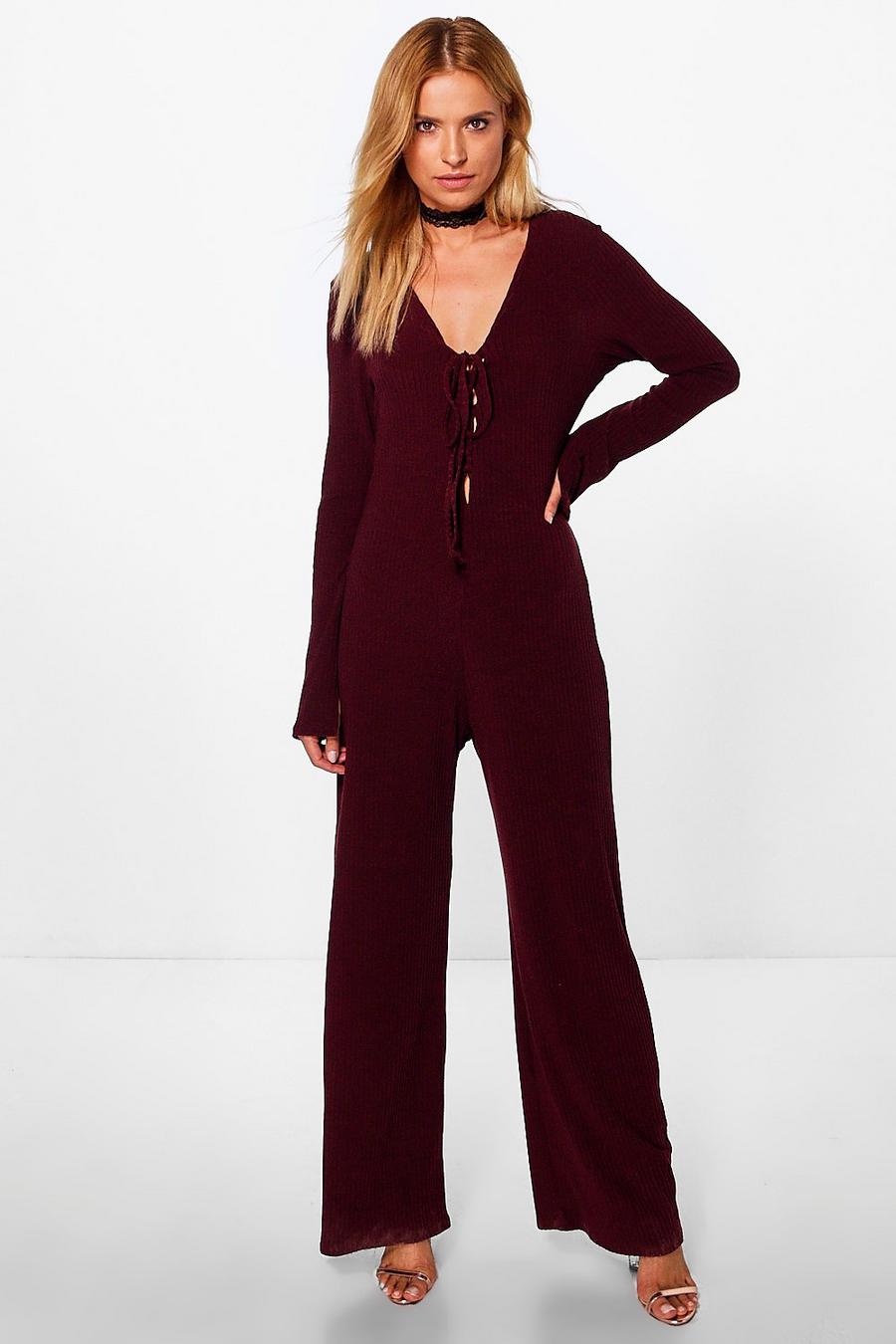 Berry Jen Lace Up Extra Long Sleeve Ribbed Jumpsuit image number 1