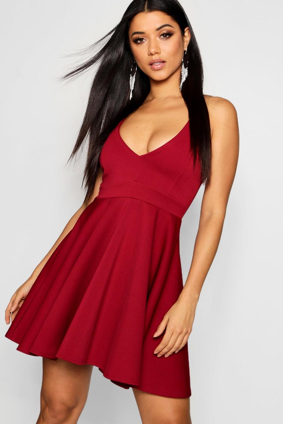 Berry red Strappy Plunge Neck Skater Dress