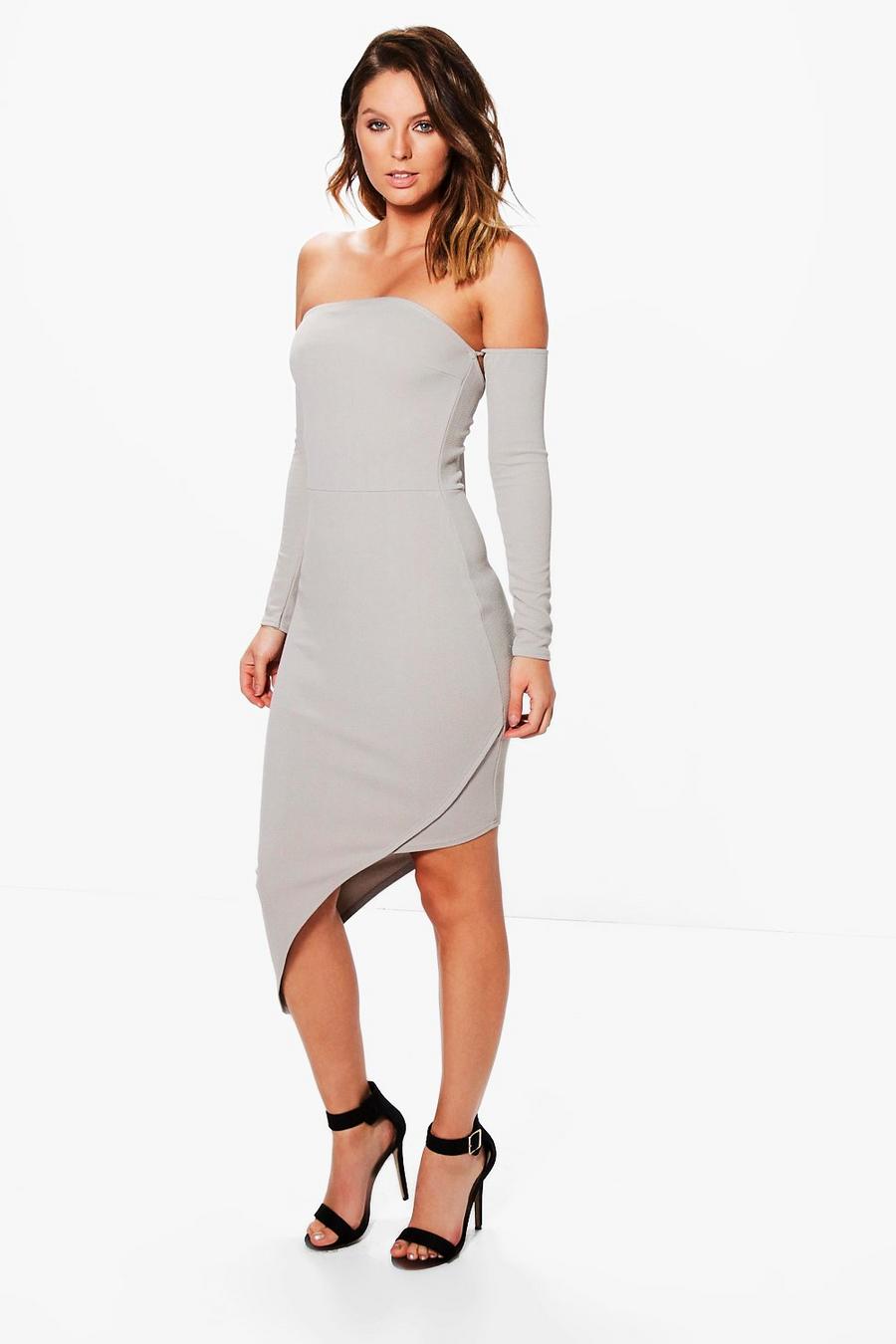 Grey Lulu Off Shoulder Asymmetric Midi Dress image number 1