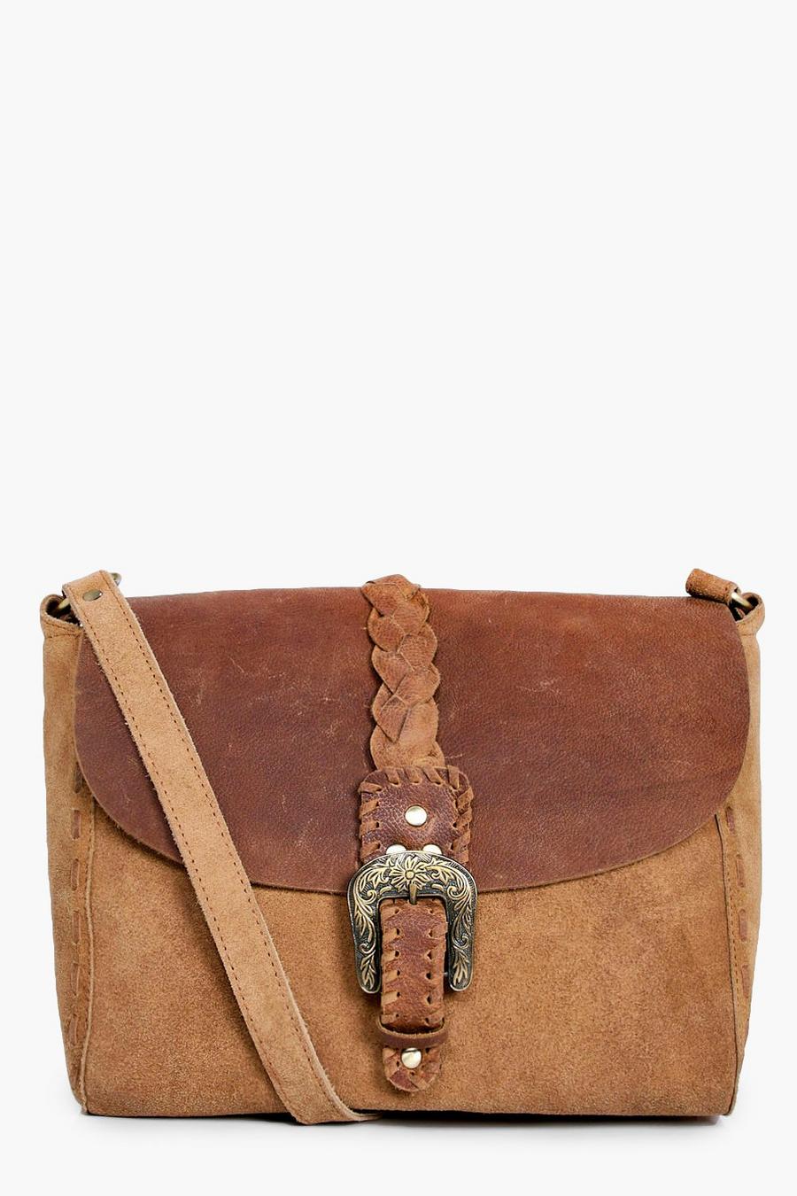 Tan brun Ellie Boutique Leather & Suede Buckle Cross Body Bag image number 1