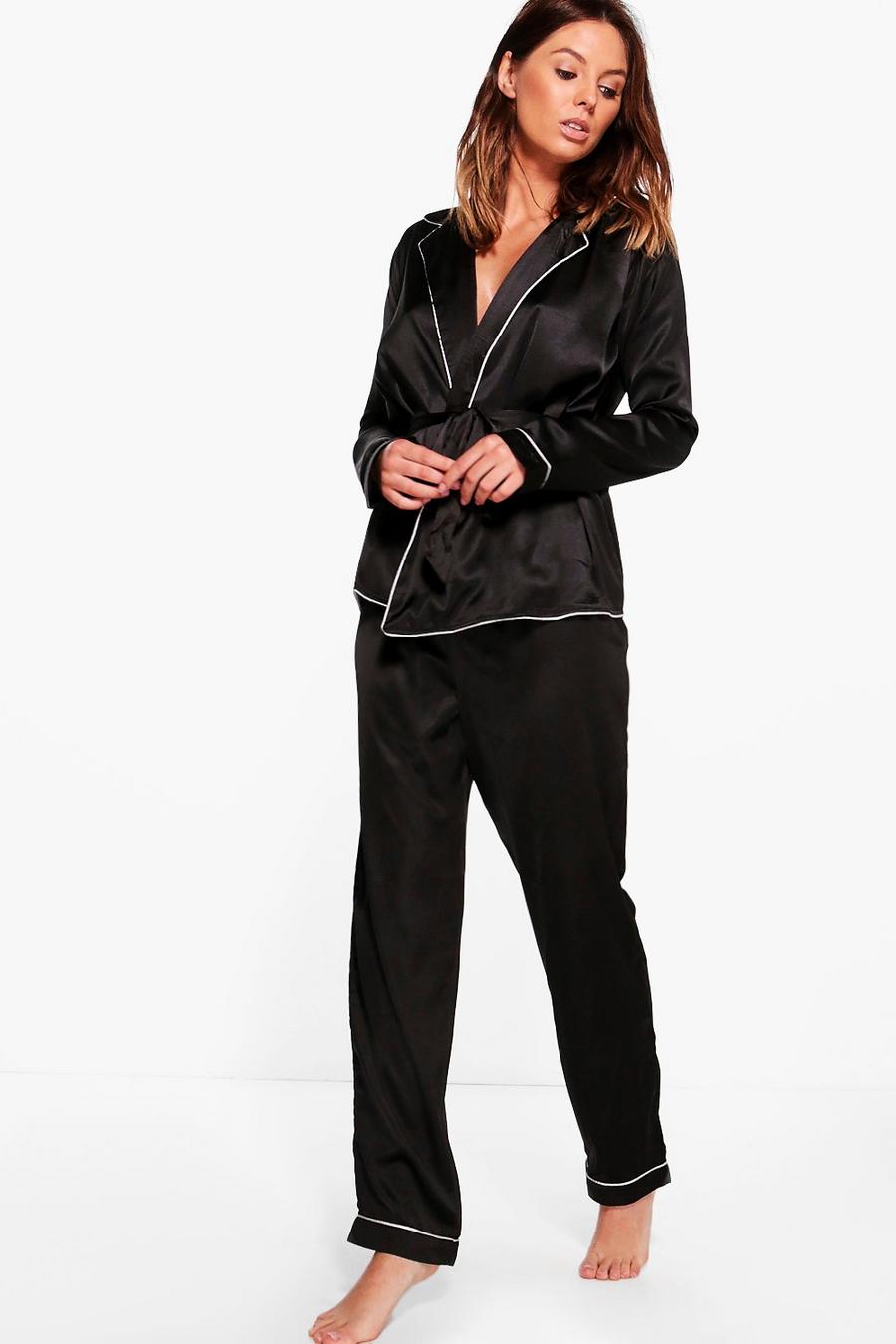 Boutique Eve Pyjama-Zweiteiler aus Shirt mit Morgenmantel-Front und Hosen aus Satin image number 1