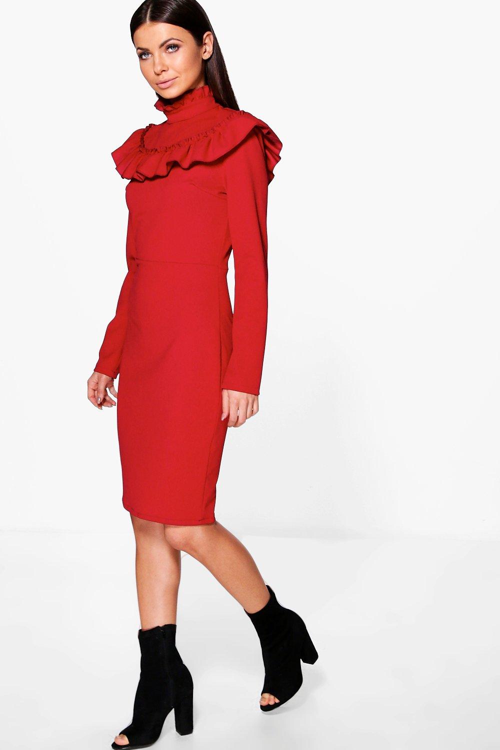 high neck ruffle midi dress