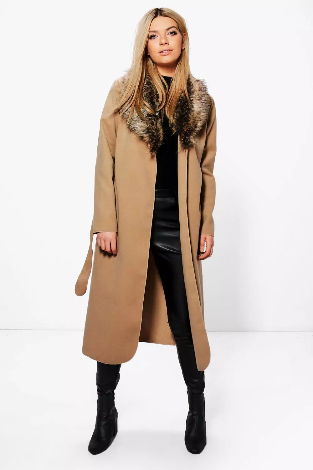 Camel faux fur collar cheap coat