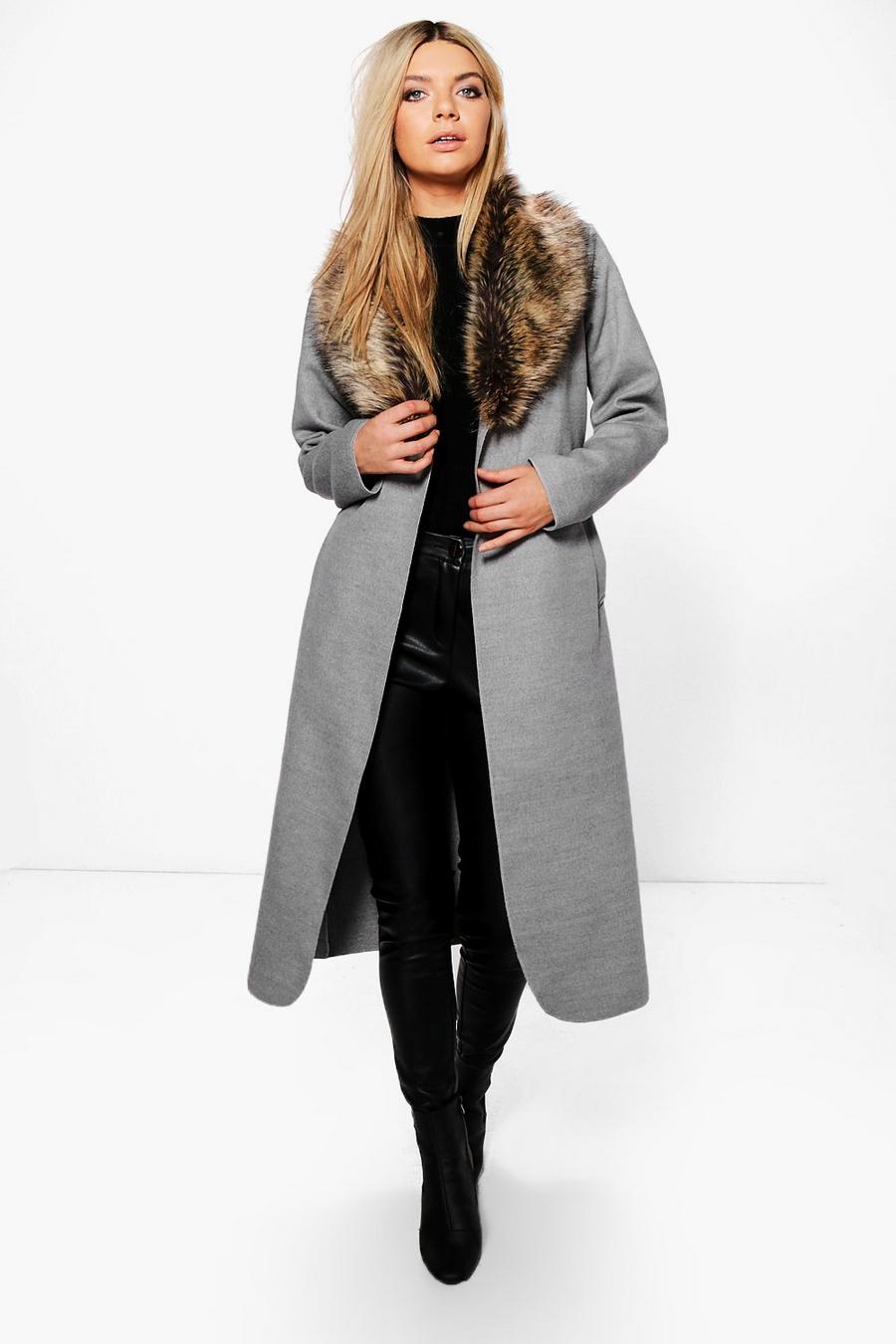 Grey grå Faux Fur Collar Wrap Coat image number 1