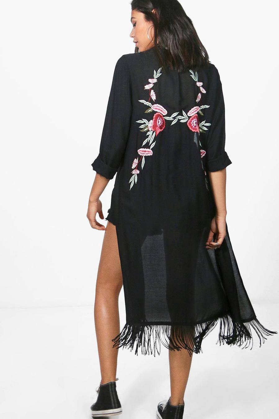 Black svart Arabella Boutique Embroidered Back Kimono image number 1
