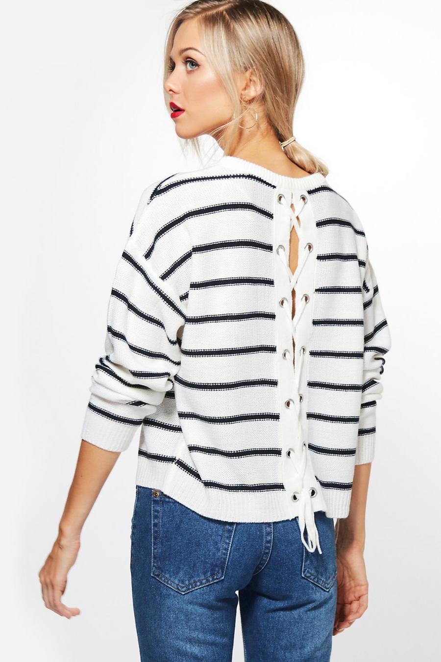 White vit Paige Nautical Stripe Jumper With Lace Up Back image number 1