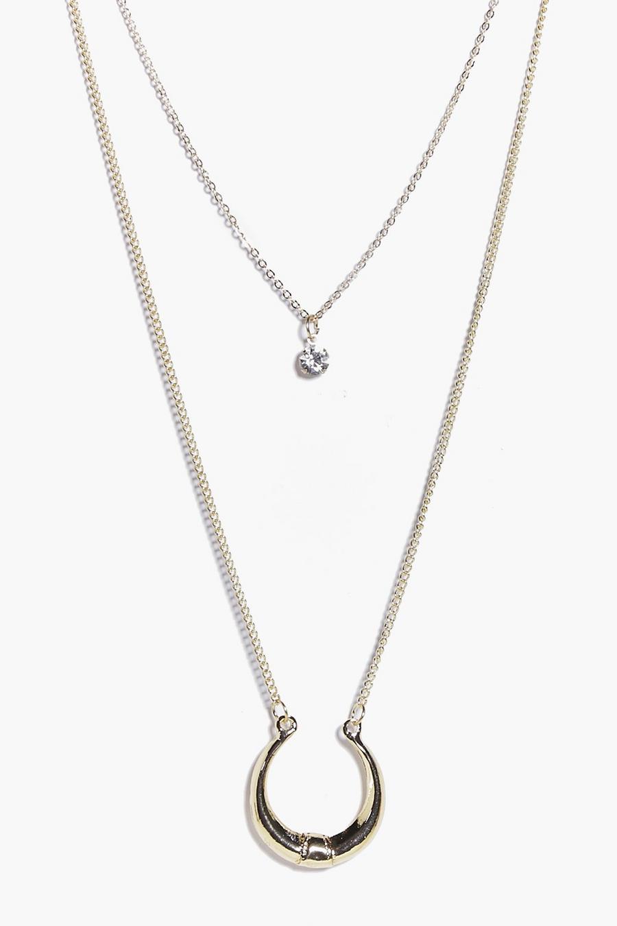 Gold metallic Rose Crescent & Diamante Layered Necklace image number 1