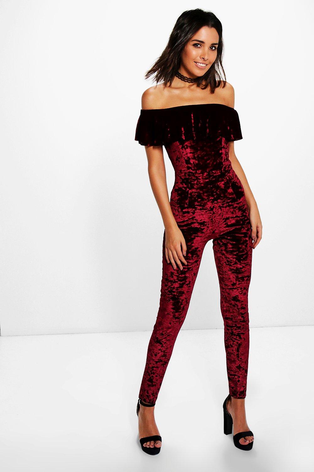 off the shoulder velour jumpsuit