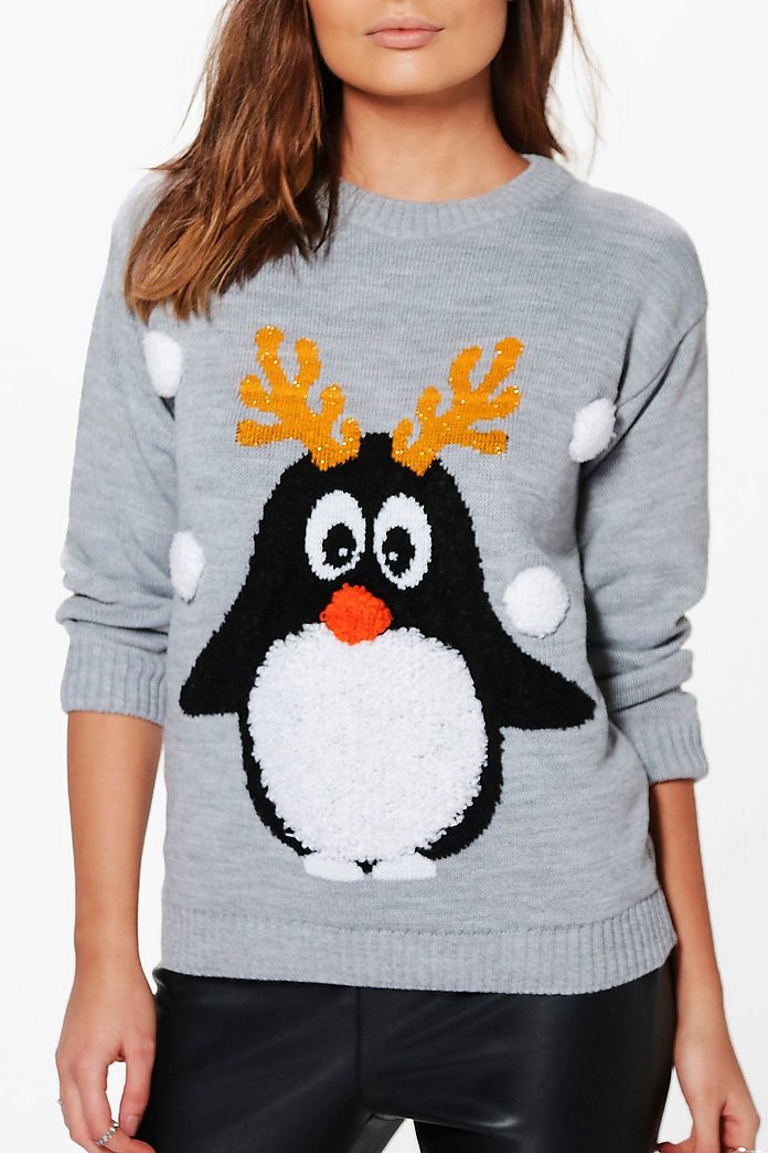 rebecca pull de noël à pompons pingouin | boohoo rebecca pull de noël à pompons pingouin | boohoo