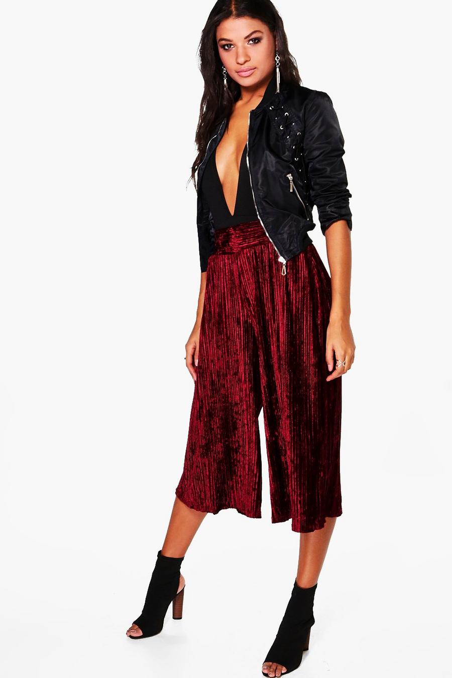 Berry red Jen Pleated Velvet Culottes image number 1