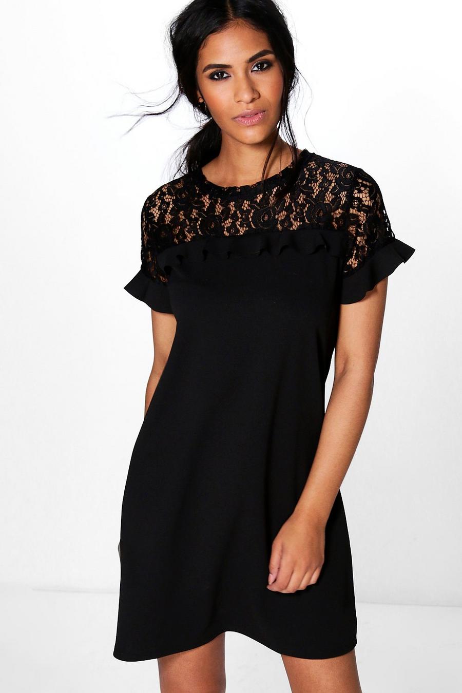 Black svart Rezy Lace Ruffle Shift Dress image number 1