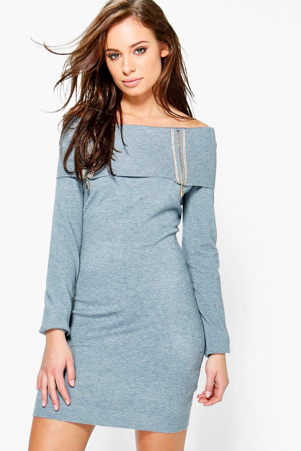 grey jumper with diamante neck