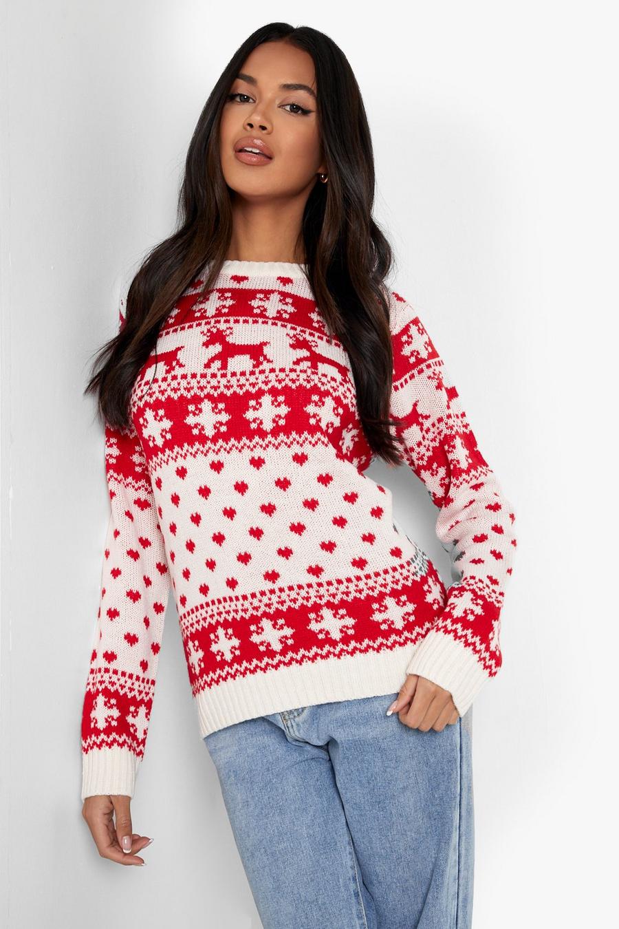Weihnachtspullover mit Rentier- und Schneeflockenmotiv, Creme white image number 1