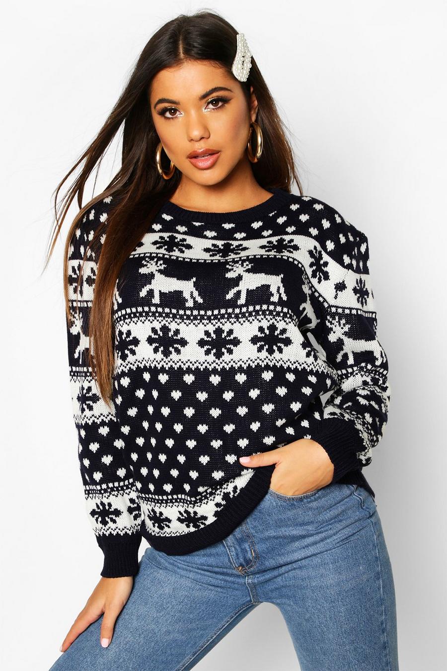 Navy Reindeers And Snowflake Christmas Sweater image number 1