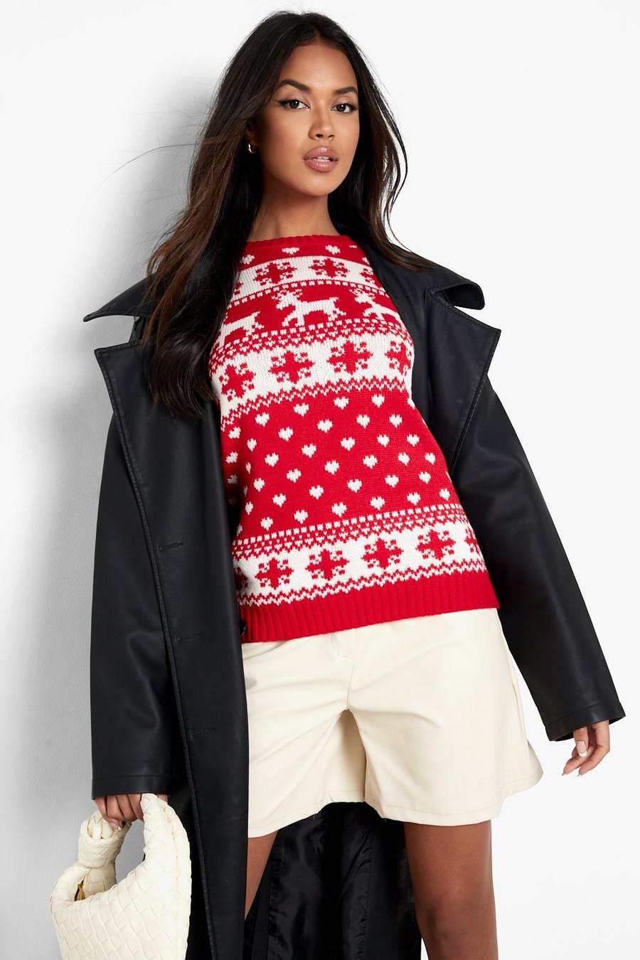 אדום סוודר לחג המולד עם איילי צפון ופתיתי שלג
