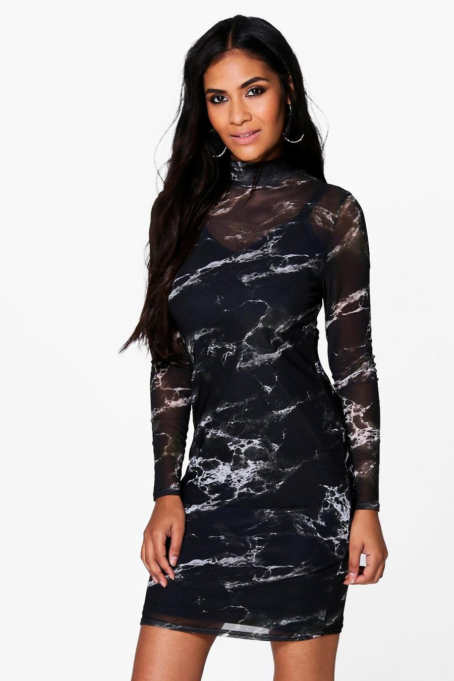 Black Tess High Neck Marble Mesh Bodycon Dress image number 1