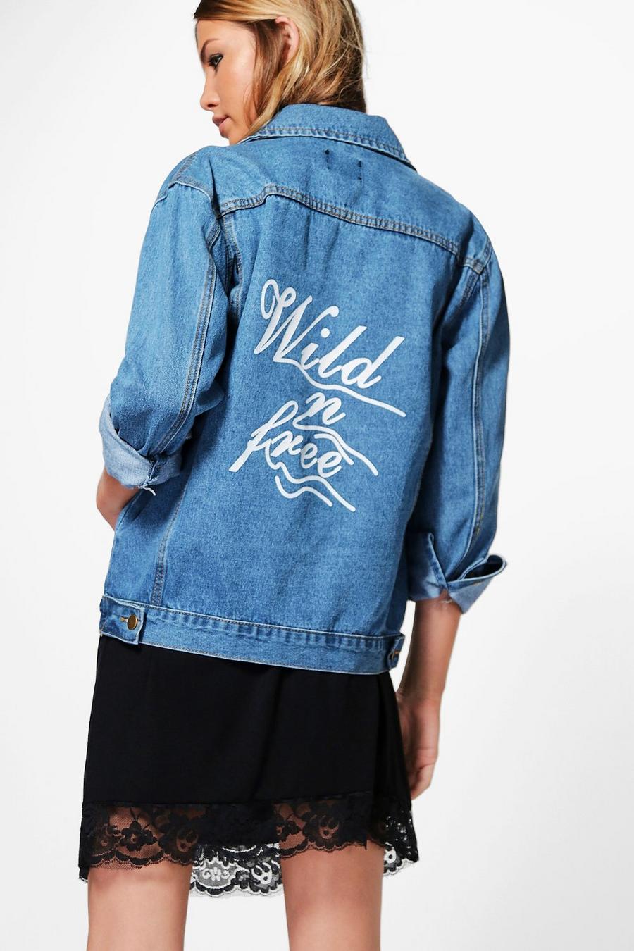 Mid blue Jodie Oversize Slogan Print Denim Jacket image number 1