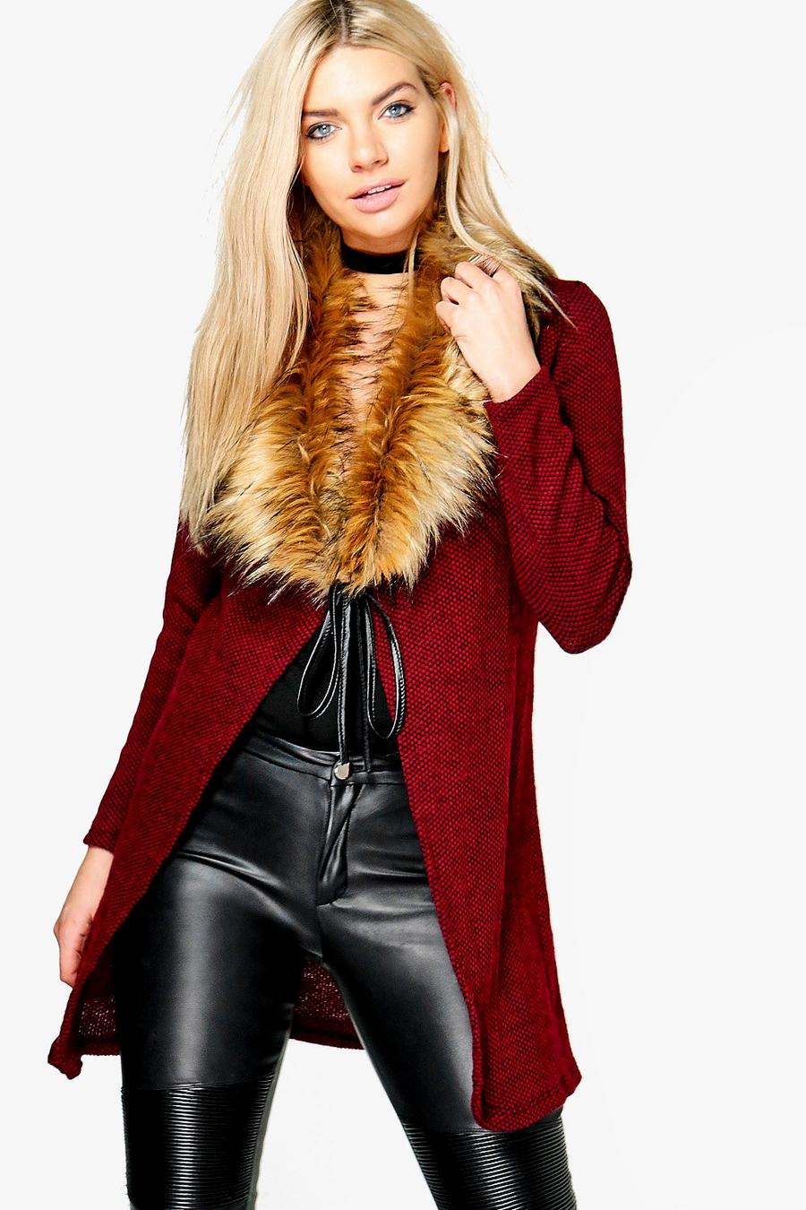 Wine Annabelle Faux Fur Collar Cardigan image number 1
