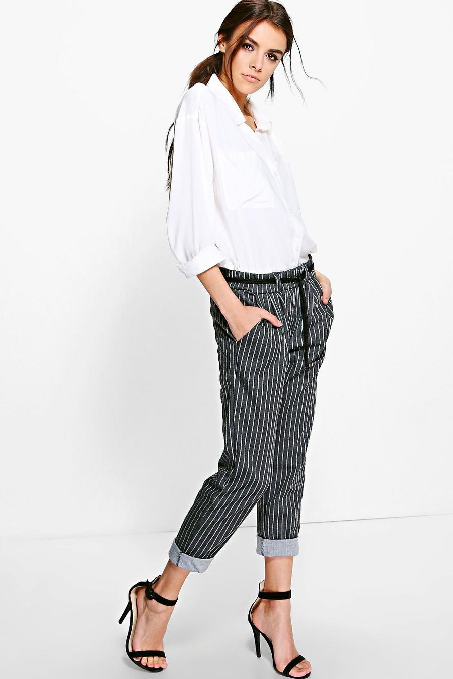 Grey gris Bella Pinstripe Belted Tapered Trousers image number 1