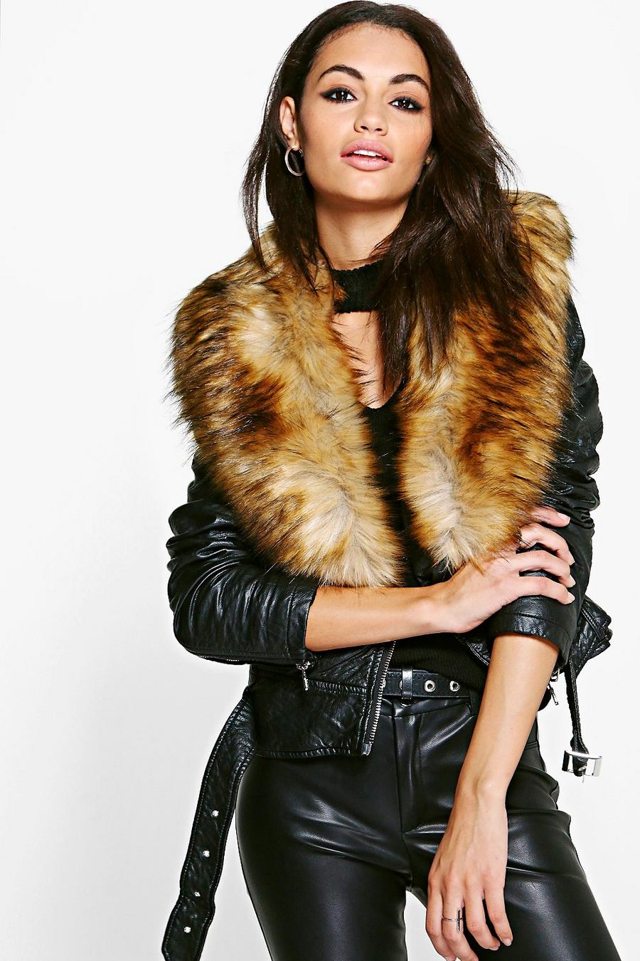 Brown brun Charlotte Faux Leather Biker With Faux Fur Collar image number 1