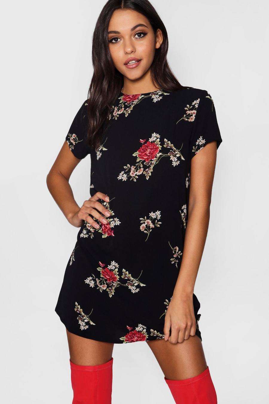 Black Floral Cap Sleeved Shift Dress